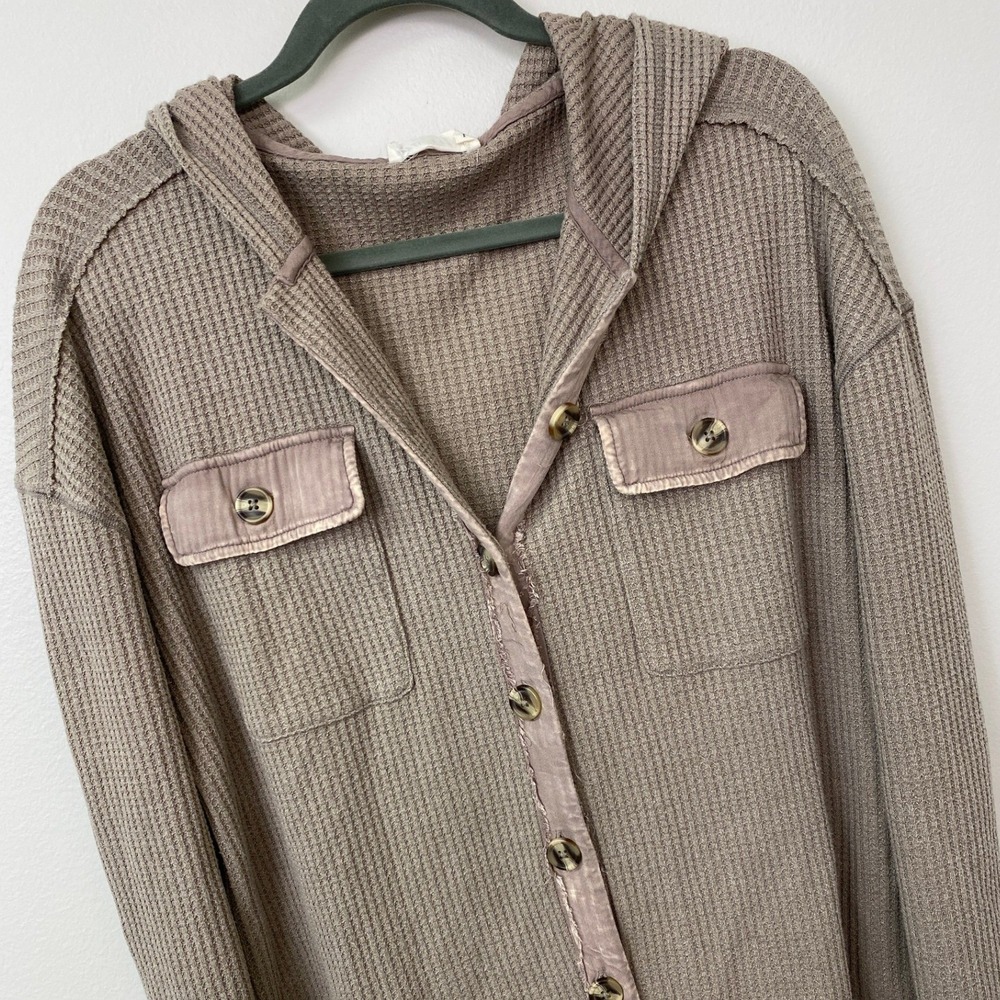 New In, Waffle Knit Button Down Hooded Shirt Top Hoodie Taupe Size Small - Picture 3 of 6